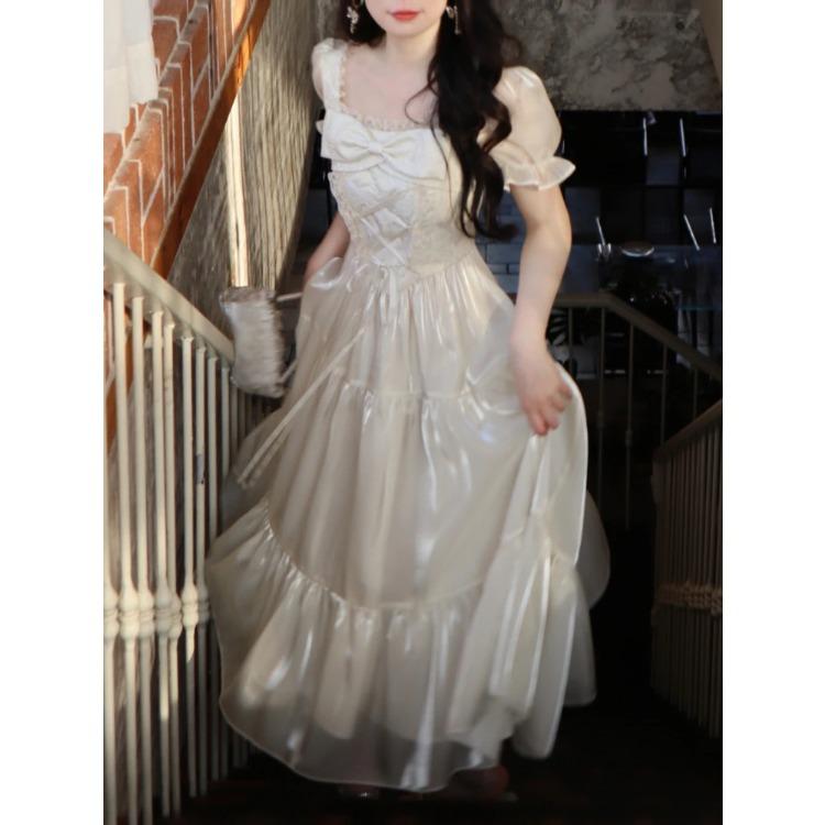 Elegant Dresses for Women Short Sleeve French Style Party Dress Slim Casual Solid Bow Square Collar New Spring Summer Dress
