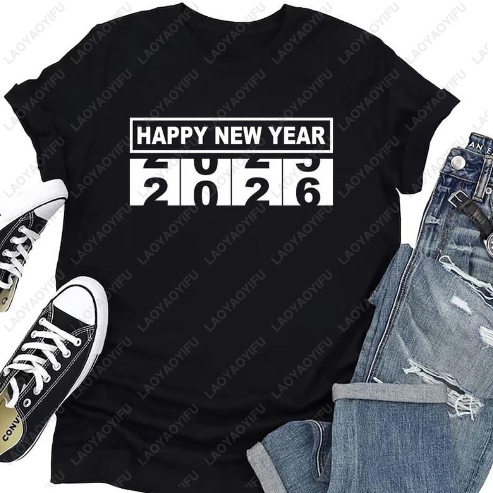 Happy New Year 2026 Shirts for Women Graphic T Shirts Crewneck Short-sleev Men Cotton Simple Tops Classic Printed T-shirt