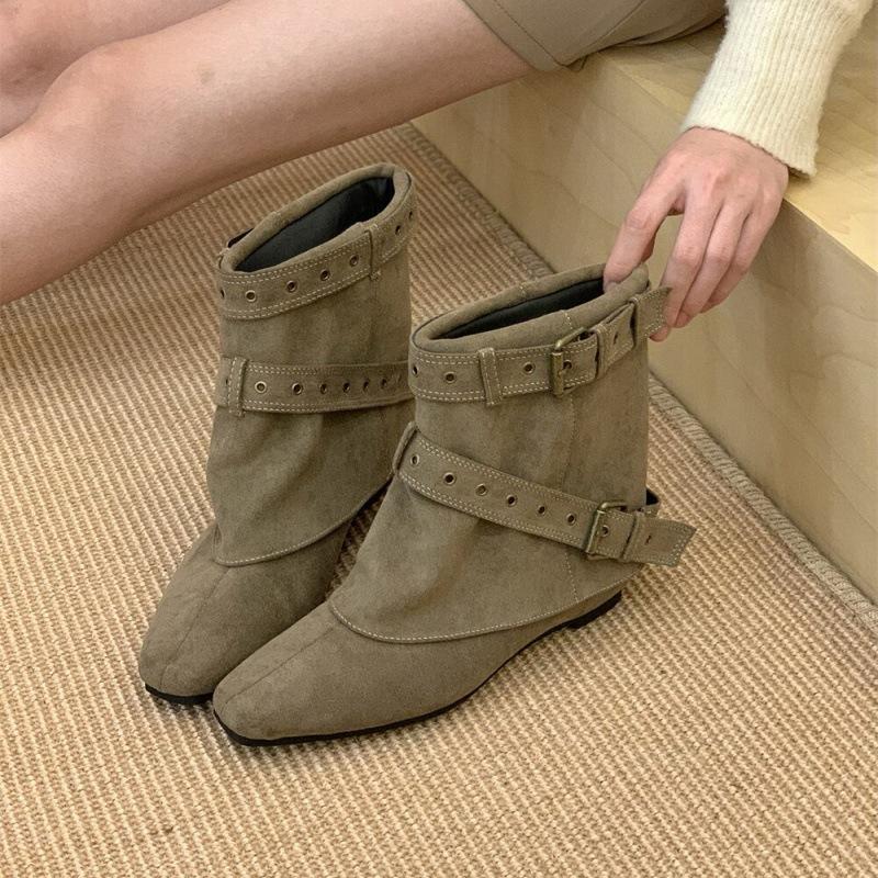 American Spice Girls Belt Buckle Pants Boots Fashion Western Cowboy Boots Autumn and Winter Retro Square Martin Boots
