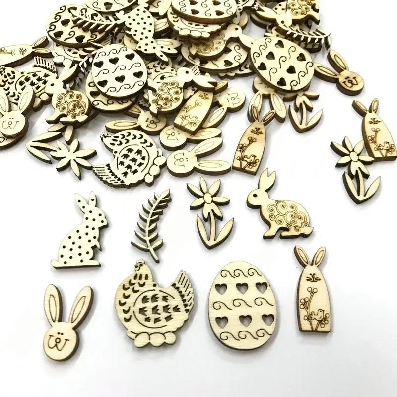 Hot Sale 50pcs Mix Shape Easter Wooden Wood Hanging Pendant  Party Supplies Craft DIY Ornament Hanging Tag Happy Easter Decor