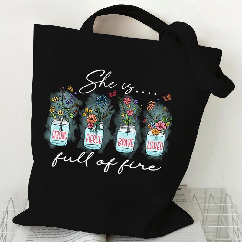 Fancy Style Studio Cadeau voor Christenen Canvas Boodschappentas Groei in Genade Religieus Christelijk Geloof Patroon Schoudertassen Wilde Bloemen Dames Handtassen