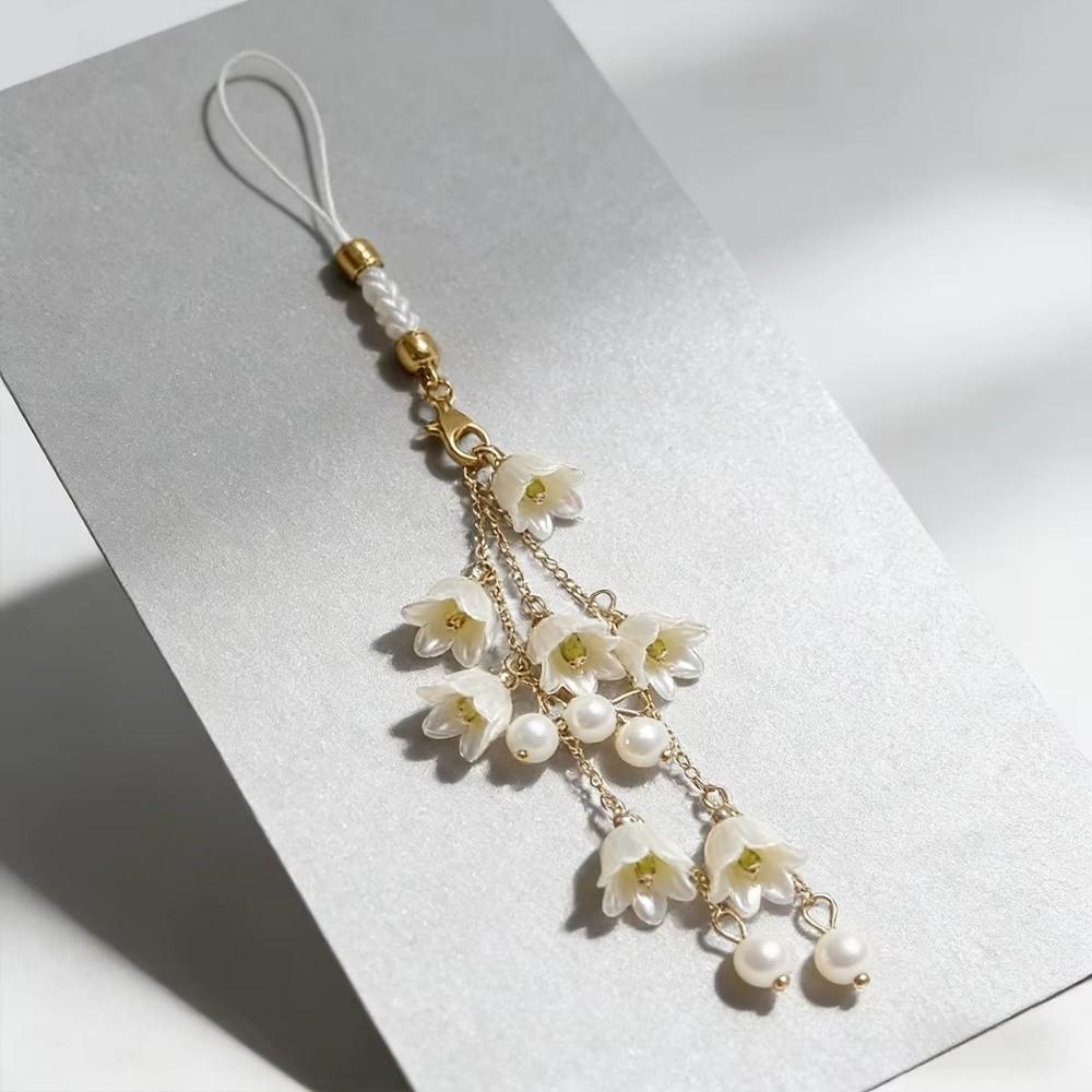 White Lily Flower Mobile Phone Chain Handmade Phone Strap Keychain Phone Chain for Women Girls