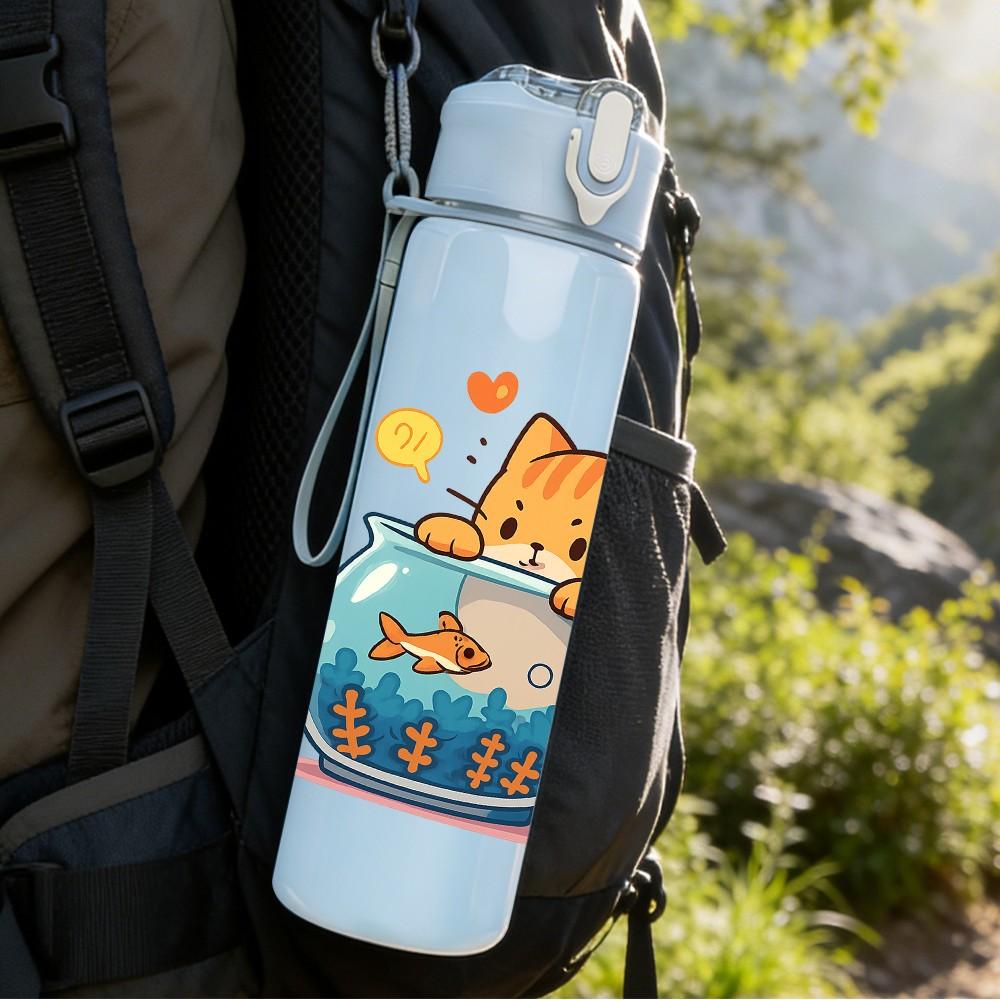 1PC Kitty Fish Bowl Print 750ml Color Plastic Sports Water Bottle Leakproof Flip Straw Lid Suitable for Sports Office Home Use