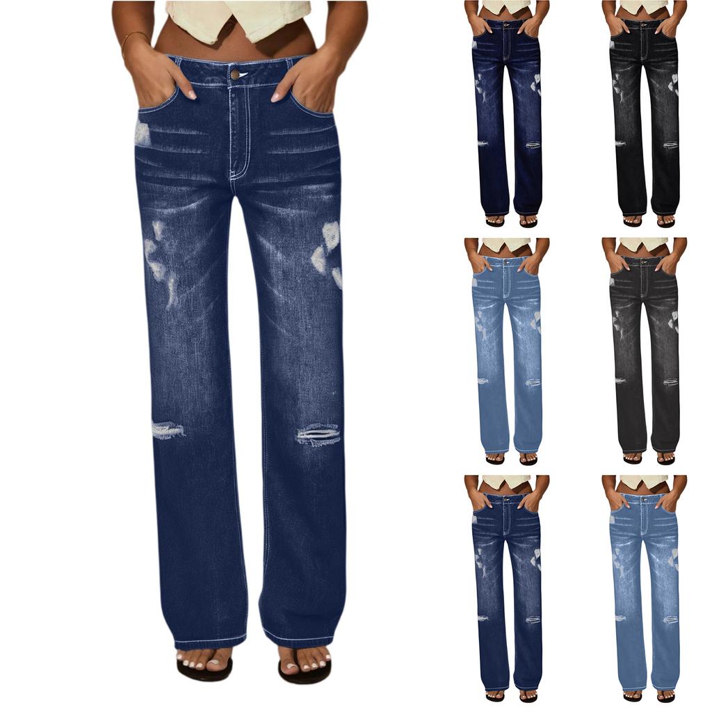 Women's High Waist Straight Loose Lace Stretch Lightweight Fashion Jeans