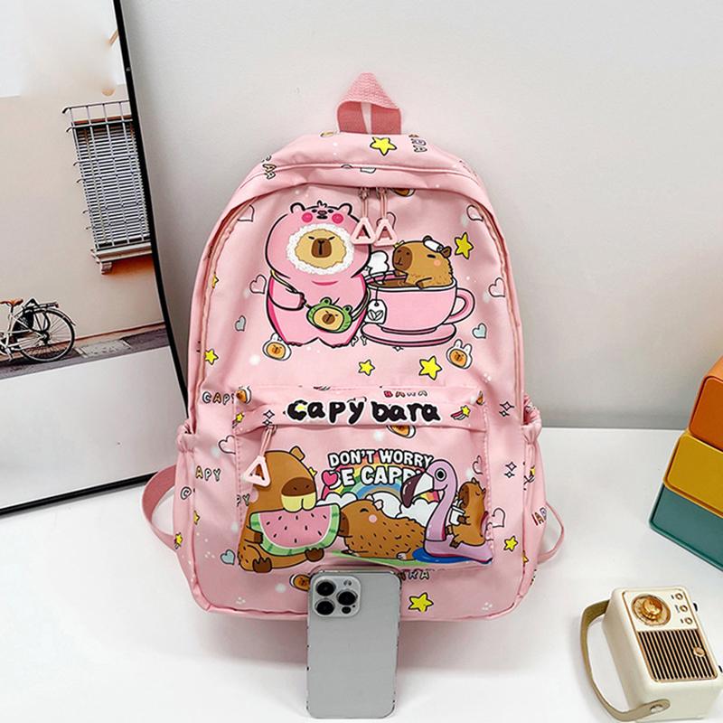 

Модный трендовый рюкзак большой вместимости с мультяшным милым принтом Capibala для учеников младших классов средней школы с защитой от сдавливания и гребнями для отдыха розовый