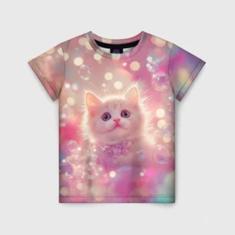 Children's Cartoon Kitten Print Cute Multi-color T-shirts Girls Fashionable Soft Comfortable T-shirt