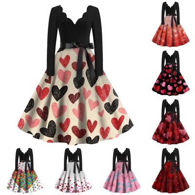Women's Casual Fashion Valentine's Day Printed V-Neck Retro Long-Sleeve Dress
