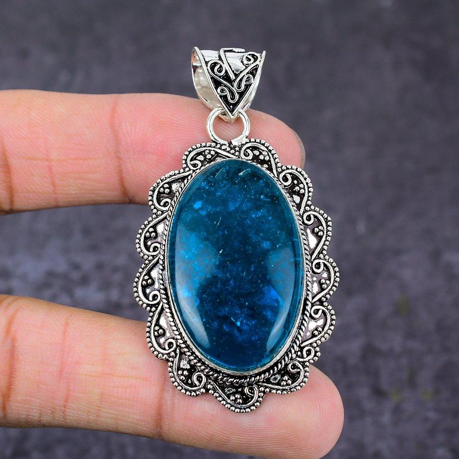 Blauer Bernstein Edelstein 925 Sterling Silber Geschenk Schmuck Anhänger 2.40"