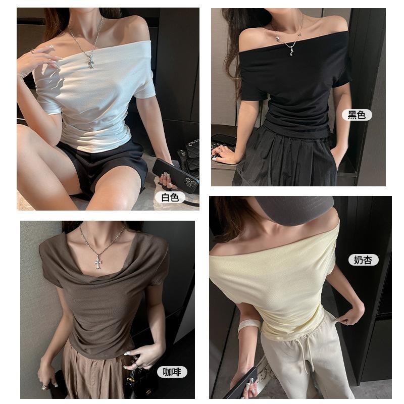 Spring and Summer Solid Color One-word Shoulder Short-sleeved T-shirt Short-sleeved Women's Design Sense Slim and Thin Stacked Scarf Collar Top