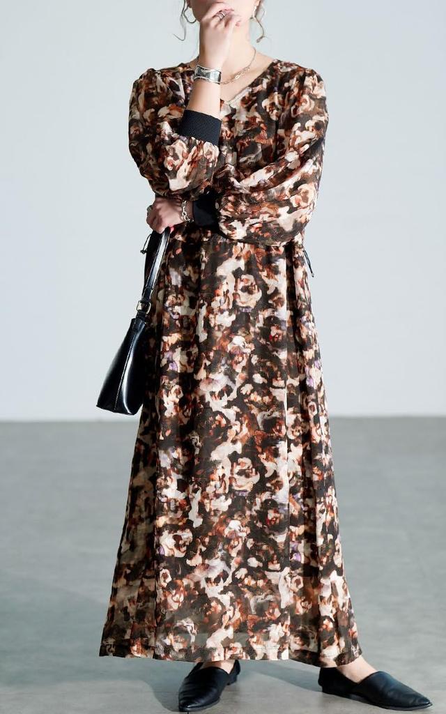 Gold Japan Plus Size Long Flared Floral Voluminous Perfect for Fall and Sizes Women's Dress, Sleeves, Print, Drawstring, V-Neck, Sleeves, Spring,