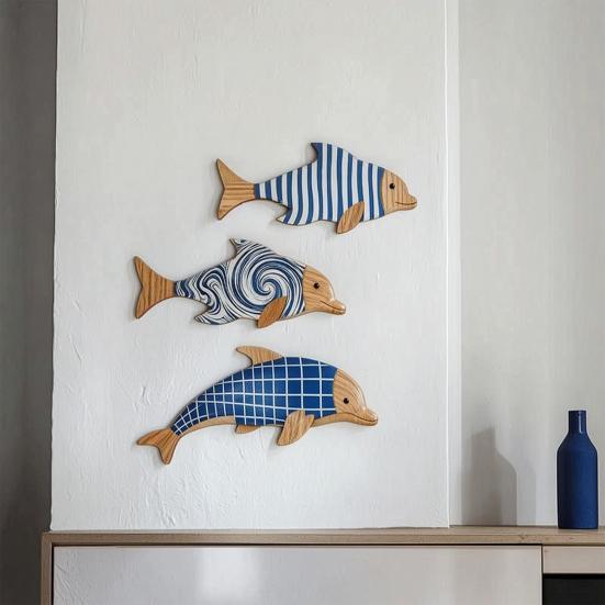 3Pcs/Set Geometric Wooden Dolphin Wall Decoration, Striped Wavy Plaid Fish Wall Art, Nautical Wall Hanging Ornament for Beach House, Bathroom