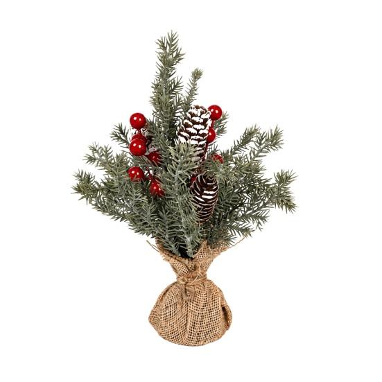 Desktop Holiday Decoration Miniature Christmas Tree with Red Berries, Artificial Mini Pine Burlap for Office Base, Tabletop Faux Small Potted