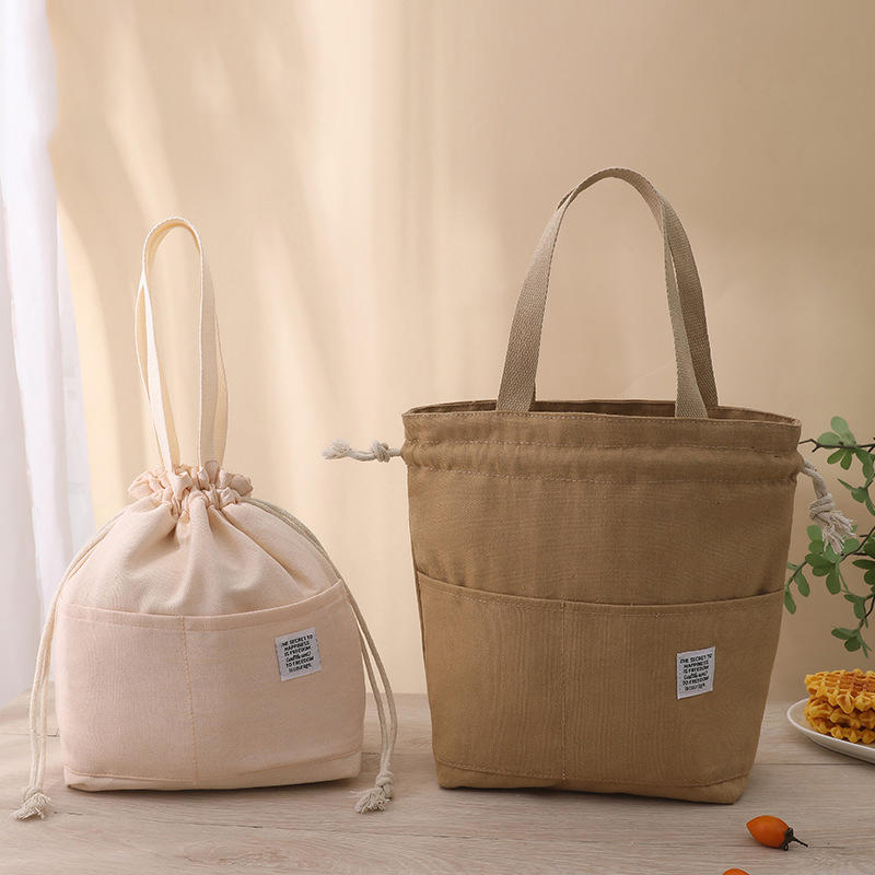 1pc Drawstring Canvas Insulated Lunch Bag Aluminium Foil Thermal Bento Box Tote Cooler Handbags For Office Outdoor Picnic