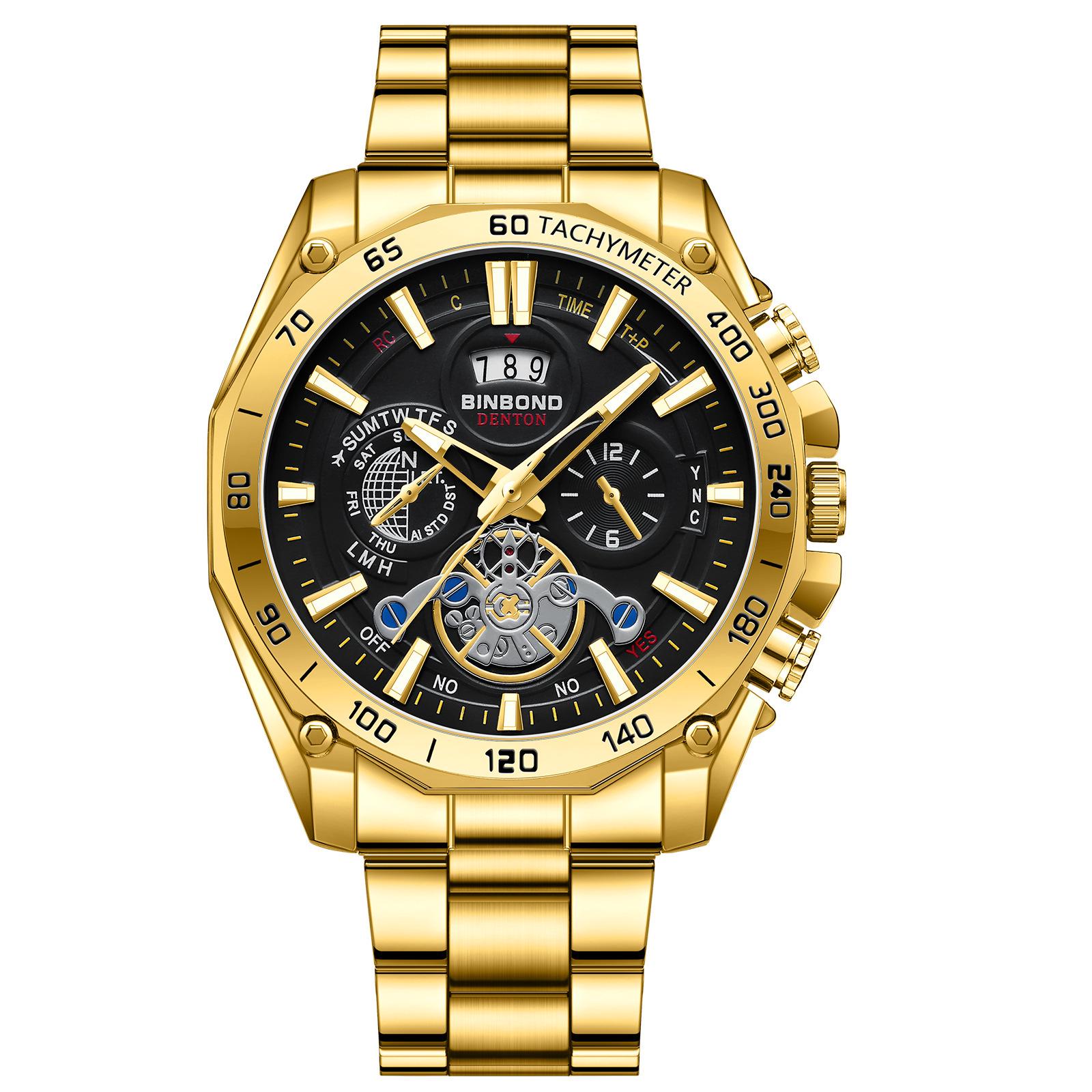 BINBOND Men s Luminous Trendy Tourbillon Watch with Steel Band, Three Dials & Six Hands