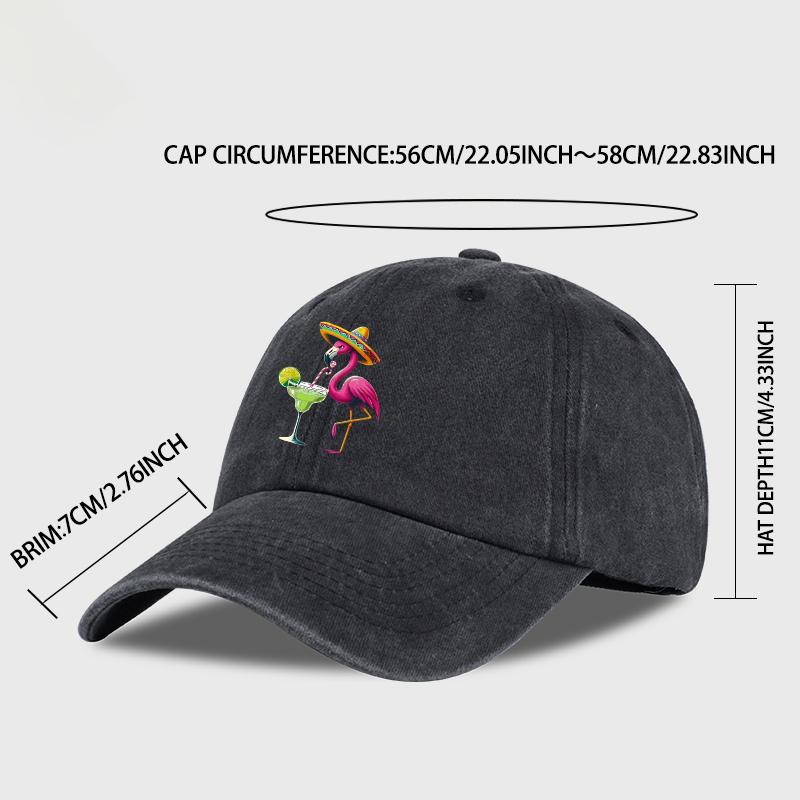 Flamingo Straw Hat Cocktail Print Washed Baseball Cap Playful Tropical Retro Style Beach Getaway, Daily Commute, Holiday Gift