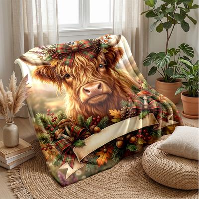 Festive Highland Cow Decoration Theme Blanket Lightweight Warm Flannel Blanket Decorative Throw Blanket for Home Decoration