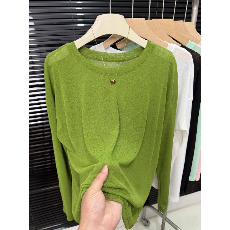 New Ice Silk Cool Tulle Long-sleeved Sunscreen Blouse Women's Fashion Versatile Breathable Solid Color T-shirt Top Summer