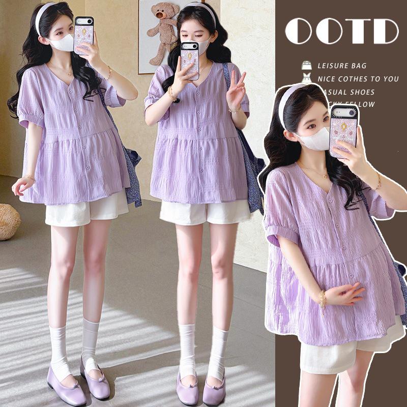 2026 Summer Korean Loose Blouse + Tummy Support Shorts Set M