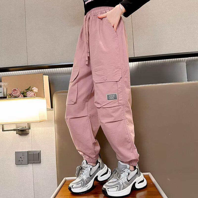 2025 Girls' Plus Velvet Cargo Pants - Elastic Ankle, Loose Fit, Autumn/Winter Comfort for Children