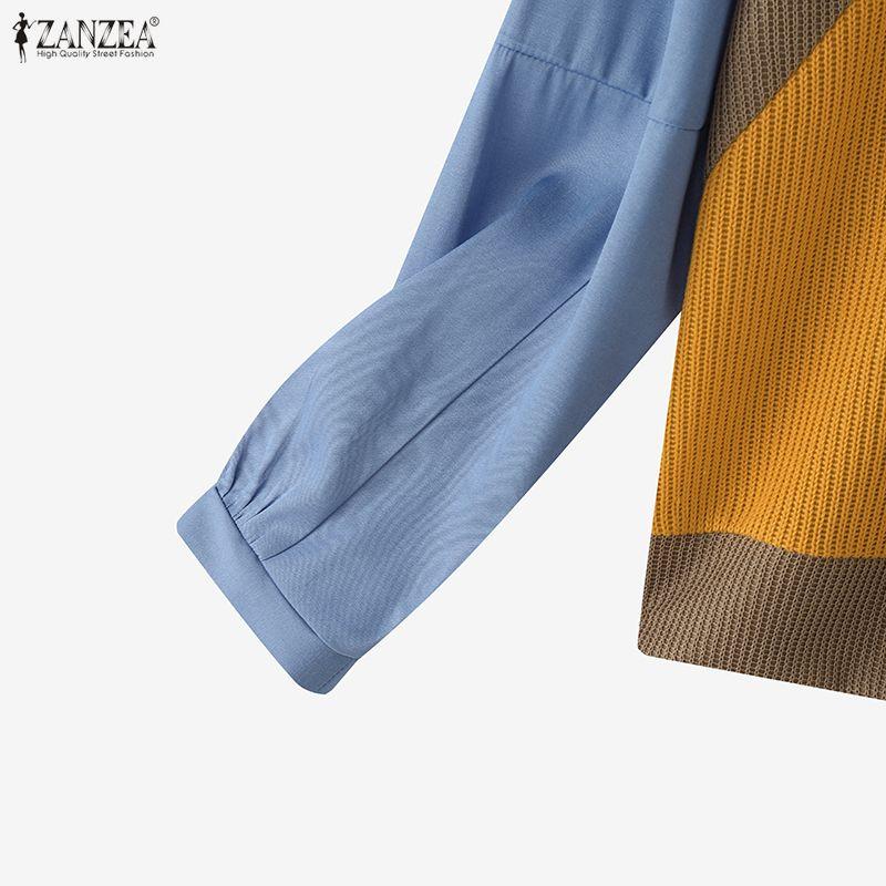 ZANZEA Women Casual Round Neck Long Sleeve Loose Patchwork Pullover Sweatshirt