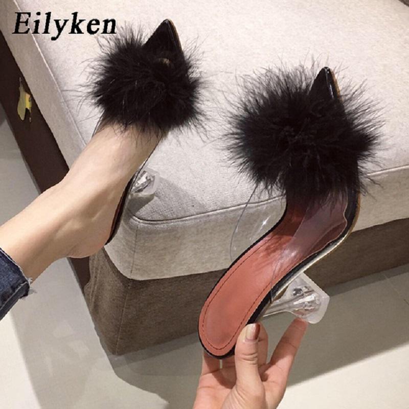 Fashion Eilyken Feather Fur PVC Transparent High Heels Woman Slippers Pointed Toe Mules Lady Pumps Slides Stripper White Shoes