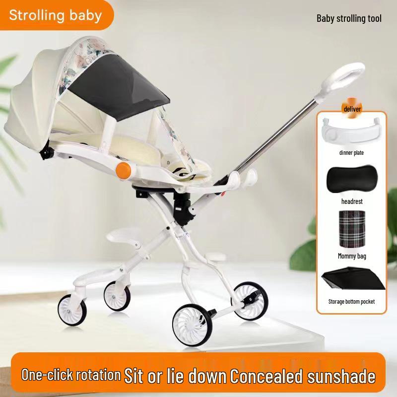 Cărucior pliabil bidirecțional cu șasiu înalt pentru bebeluș, cu patru roți