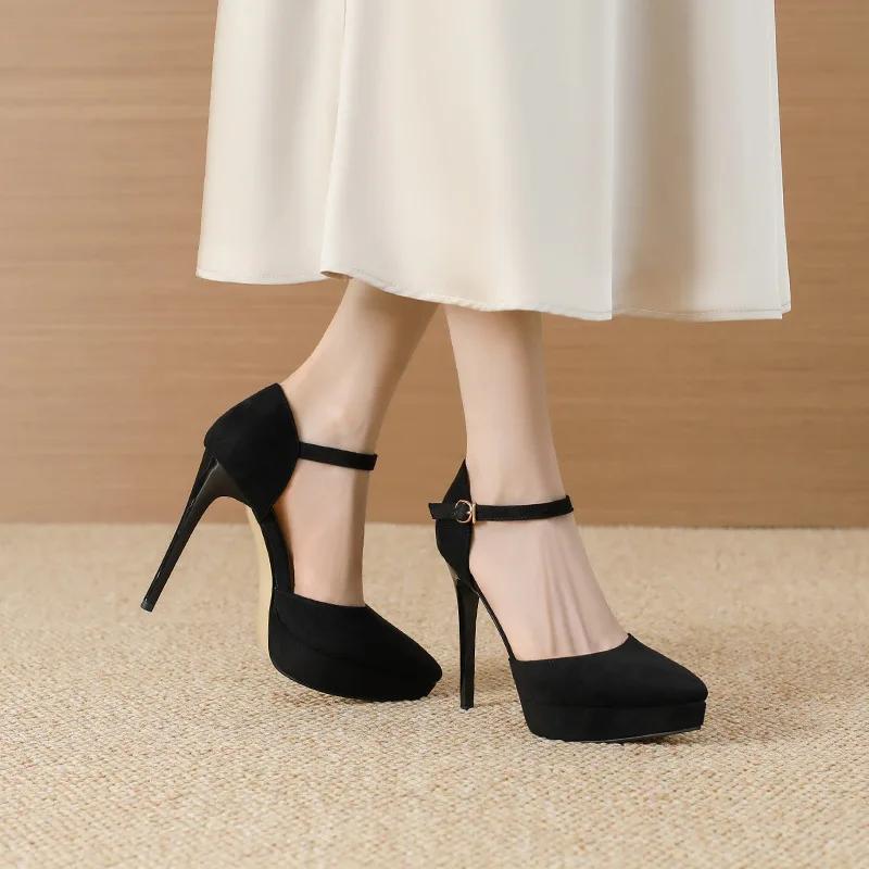 Fashion New Pointed Toe Platform Women Sandals Flock Buckle Strap Stripper Party Thin High Heel Shoes Sexy Female Pumps Zapatos De Mujer