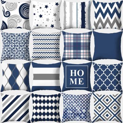 Geometrischer Kissenbezug 45x45 Polyester Blau Grau Dekorative Sofakissen Überwurf Heimdekor Hüllen
