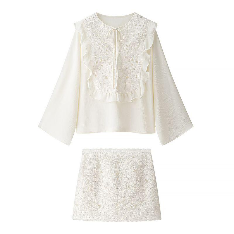 Kaslead New Women Clothes Western Style Fashion Simple Lace Stitching Lace-up Shirts Set
