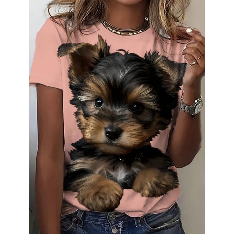 Damenbekleidung T-Shirt 3D Tier Hund Print Urlaub Rundhals lässig vielseitig bequem Pullover kurzärmelig Sommer Top