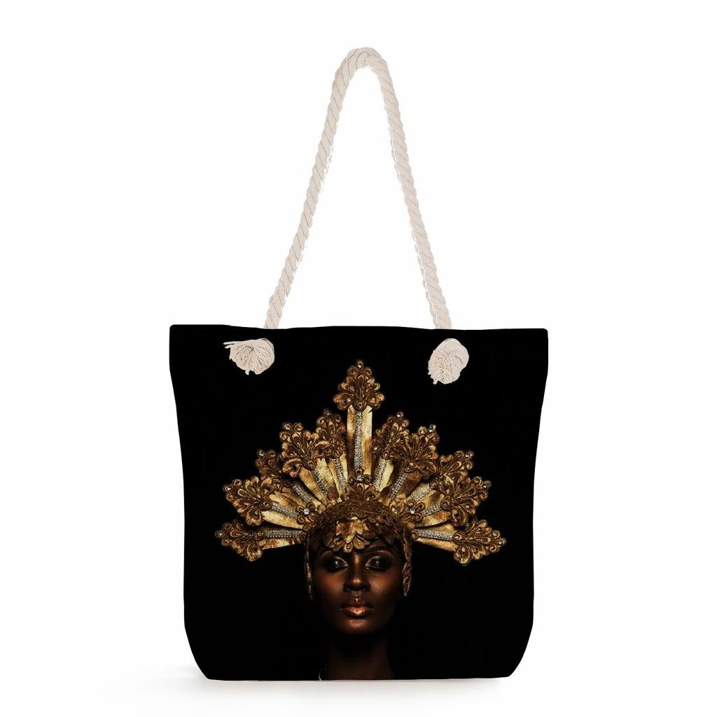 Multifunctional Cool Black People Printed Thick Rope Shoulder Beach Bag Casual Large Capacity Handbag 0114