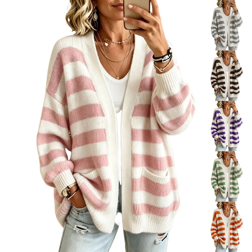 Women's Striped Long Sleeve Open Front Cardigan with Pockets, Loose Casual Jacket Outerwear for Everyday Wear