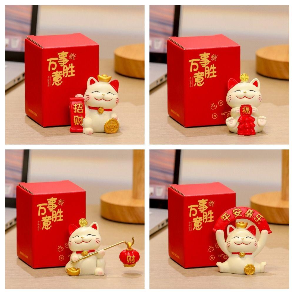 Resin Maneki Neko Miniature Figure Chinese Style Fortune Cat Car Interior Ornament  Spring Festival