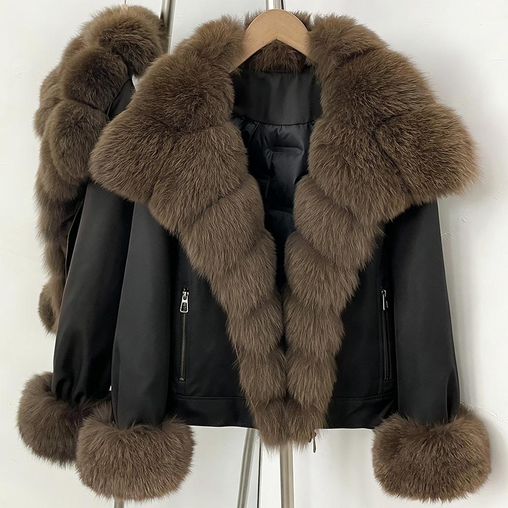 American retro casual thickened warm jacket for women's winter new natural real fox fur collar duck down jacket