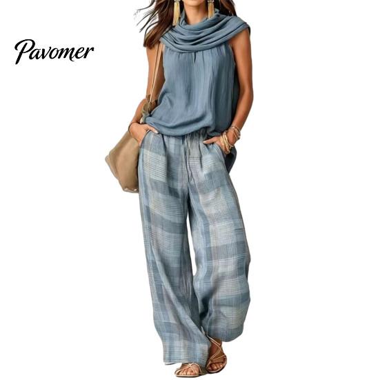 Casual Sleeveless Top Women Pants 2-Piece Set, Summer Ruffle Mock Neck Vacation Wear & Plaid Wide Leg Pants, Vintage Loose Outfit Set Relaxed