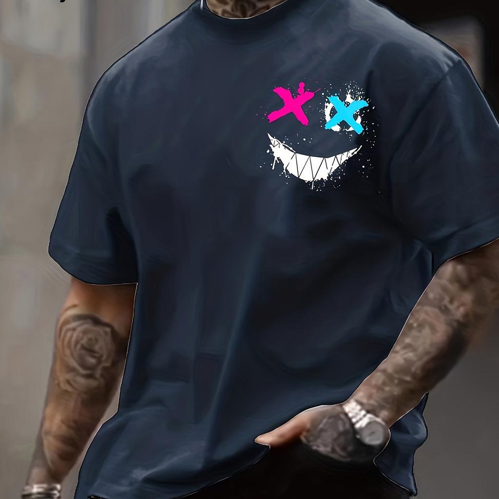 Men's Summer 100% Pure Cotton Fashionable Casual Sports Loose 3D Smiling Face Printed Round Neck Short Sleeved T-shirt Top