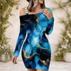Women Plus Size One Shoulder Long Sleeve Blue Marble Printed Bodycon Mini Dress