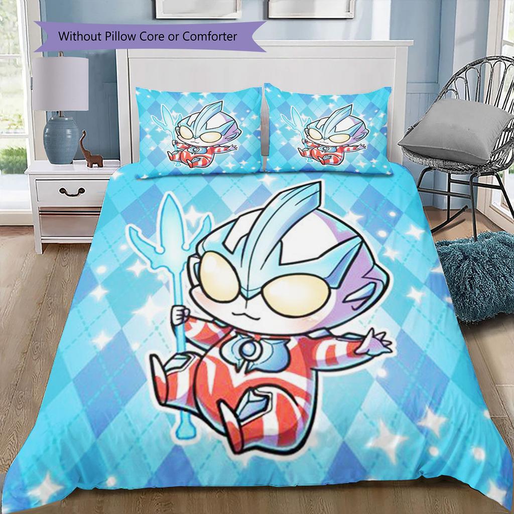 3pc Ultraman cartoon print unbleached bed sheet set(1*Duvet Cover + 2*Pillowcase, Without Core), for bedroom bedding decoration
