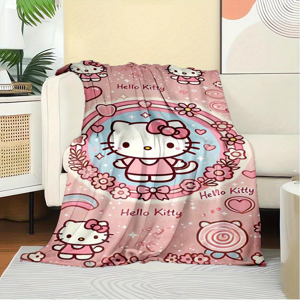 For Hello Kitty, Cute, PinkAnime-Themed Flannel Blanket, Glam Style, Digital Print, All-Season Comfort, Tear-Resistant, Knitted Craftsmanshi