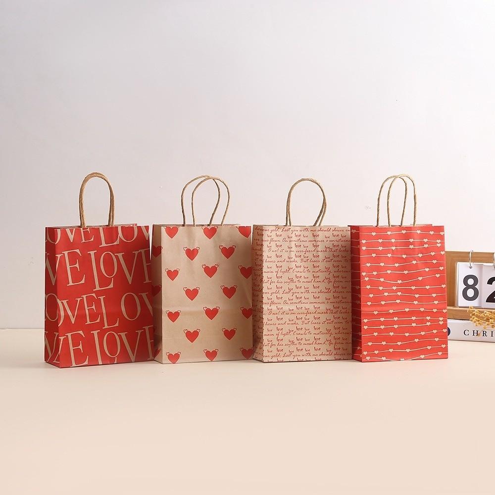 10Pcs Kraft Paper Gift Bags Large Capacity with Handles Love Print Handbag Storage Bag Valentine Day Festival Supplies