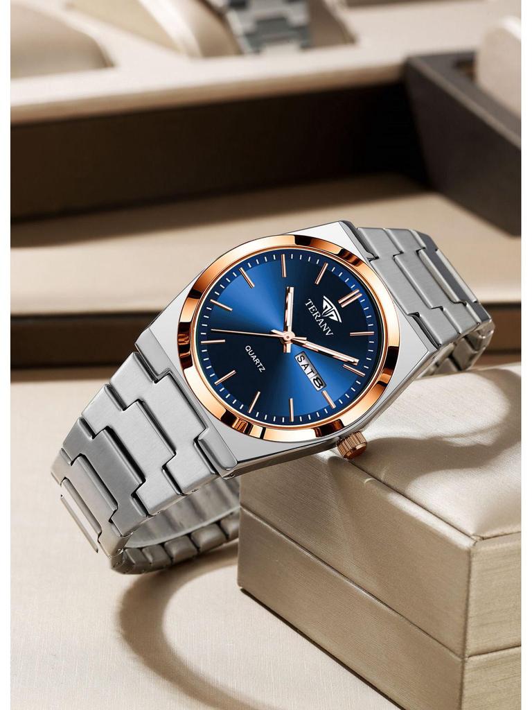 Men's Ultra-Thin Luminous Quartz Watch with Steel Band and Double Calendar, Waterproof.