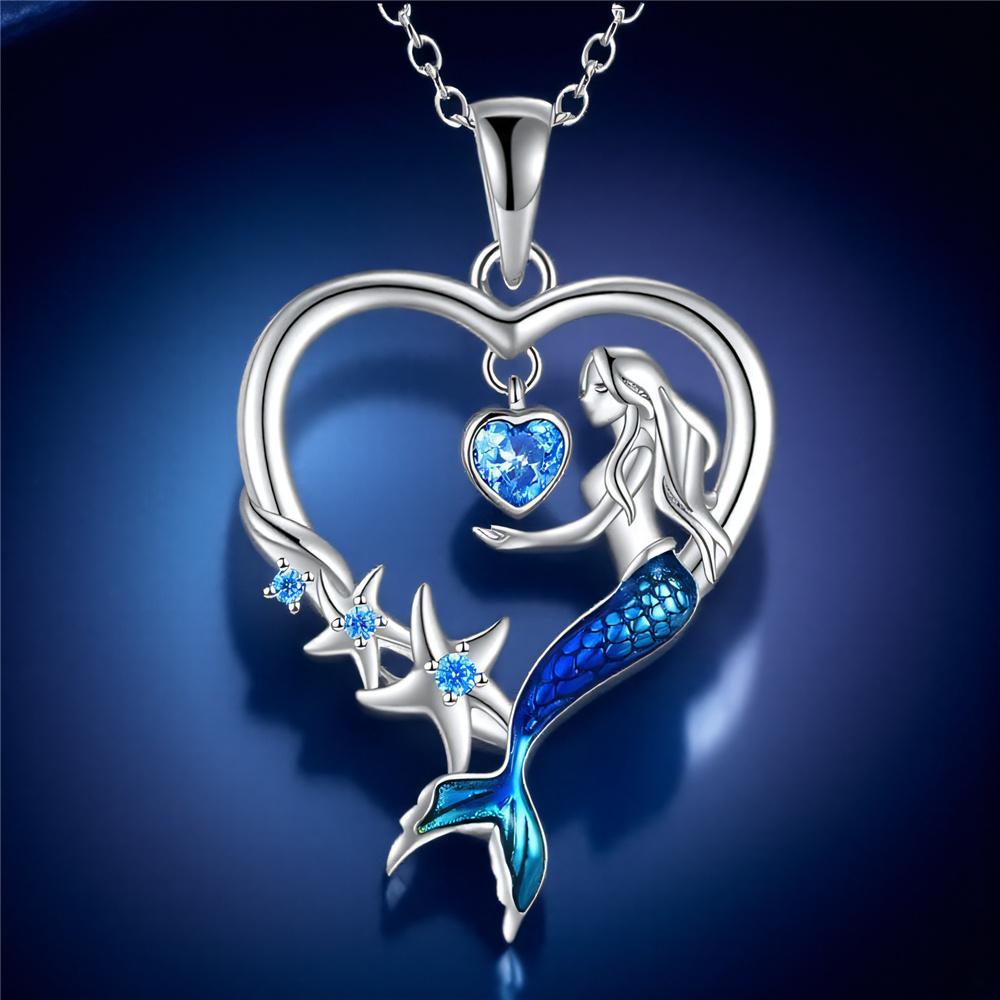 Luxury Female Crystal Blue Zircon Stone Heart Mermaid Pendant Necklace Vintage Silver Wedding Jewelry For Women