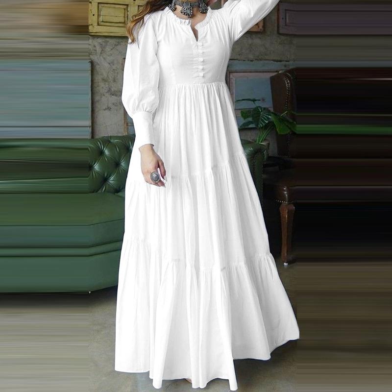 ZANZEA Women Casual V-Neck Solid Color Long Sleeve Loose Long Dress