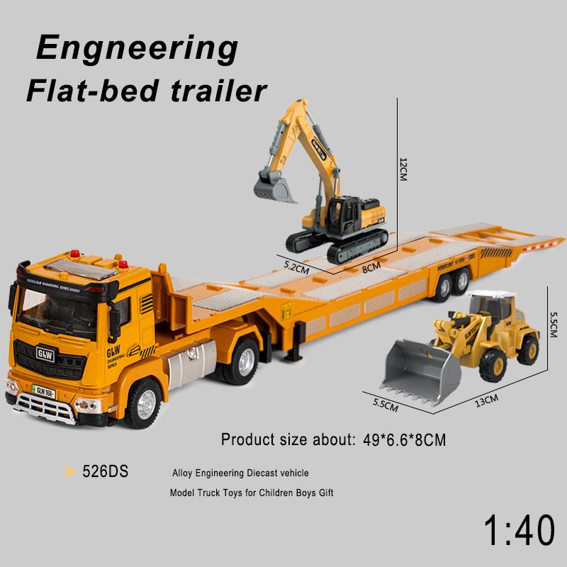 1:40 Light And Sound Simulation Engineering Trailer Truck With Bulldozer Excavator Alloy Toys Diecast Construction For Boys Gift