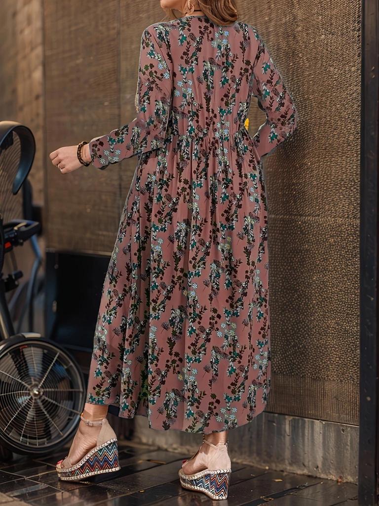 Women's Floral Print Round Neck Long Sleeve Maxi Dress - Versatile, Slimming, Loose Fit