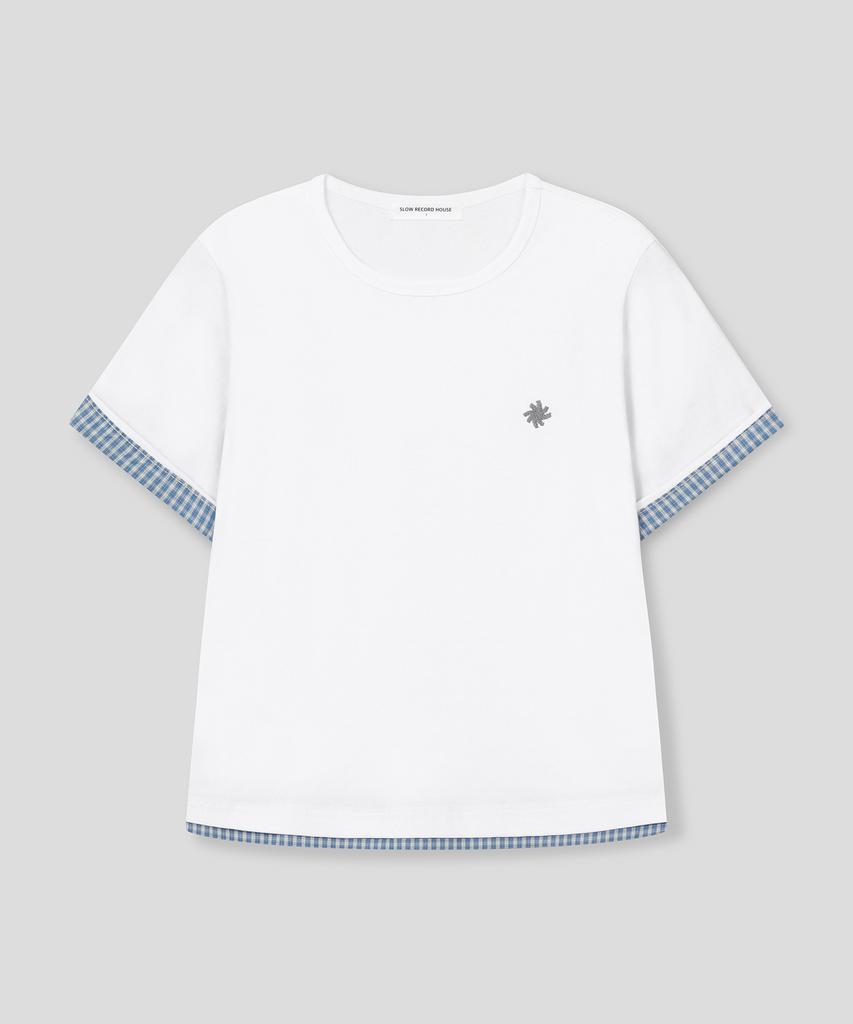 SLOW RECORD HOUSE Layered Check Roll-Up T-Shirt_White