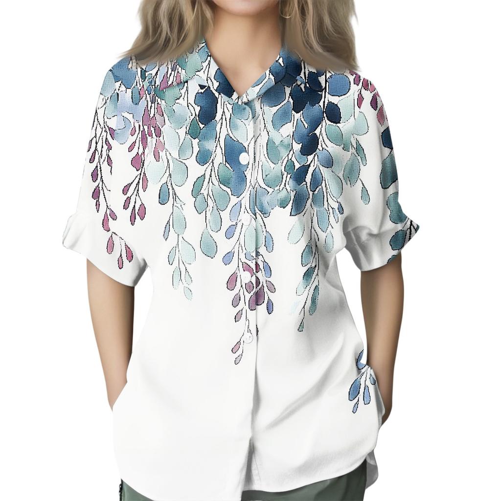 Women's Fashion 3/4 Sleeve Casual Lapel Back Tie- Floral Print T-Shirt Top