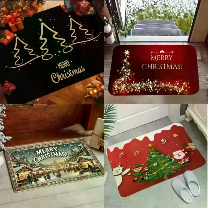 Christmas Theme Door Mat With Santa Claus Snowman Christmas Tree Patterns Soft Decorative Entryway Rug For Xmas Season Decor