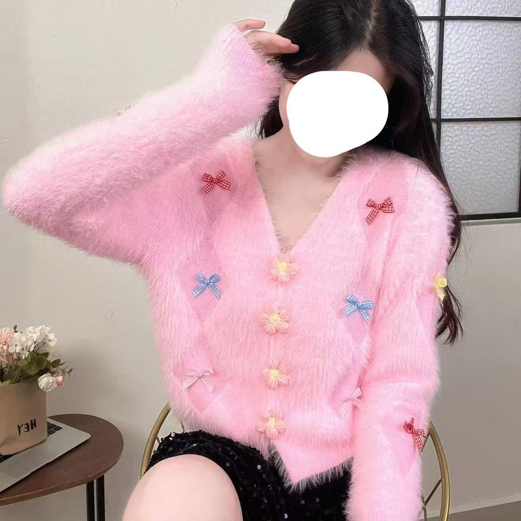 Elegant White Imitation Mink Fur V-Neck Sweater for Women - Autumn/Winter Three-Dimensional Floral Button-Down Cardigan with Stunning Bow.