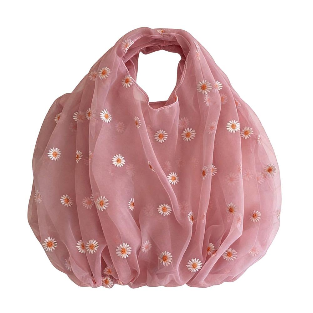 

Organza Material Flower Embroidery Hand Bag Daisy Embroidery Small Size Mesh Shopping Bags Single Shoulder Mesh Cloth глибокий рожевий колір